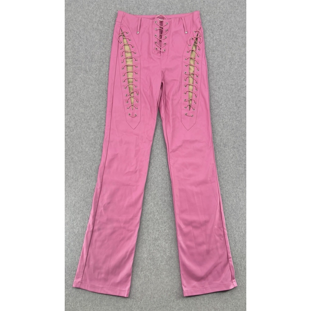 AM.GIA Pink Lace Up Faux Leather Flare Pants Women S Y2K Goth Punk